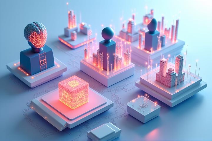 様々なテクノロジーアイコンとアプリのスクリーンショットが融合したイメージ