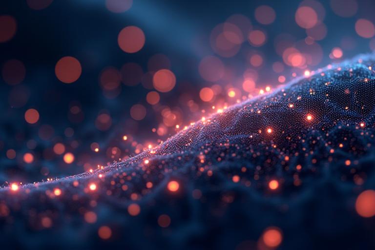 複雑なデータフローとニューラルネットワークを示す抽象的なAI学習エンジンのビジュアライゼーション。