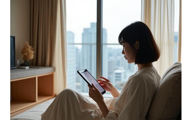 東京の小型マンションリビングでタブレットを見る女性