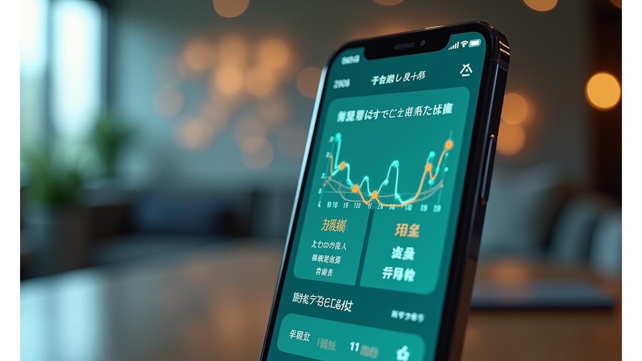AIが健康データを分析し、パーソナライズされた提案を生成している、洗練されたアプリのインターフェース。データフローやニューラルネットワークの視覚化が施されている。