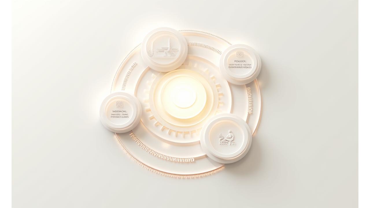 4つの異なる要素（食事、運動、睡眠、メンタル）が円形に配置され、中心で統合されているインフォグラフィック風の図。データと人の活動がシームレスに繋がっている様子。