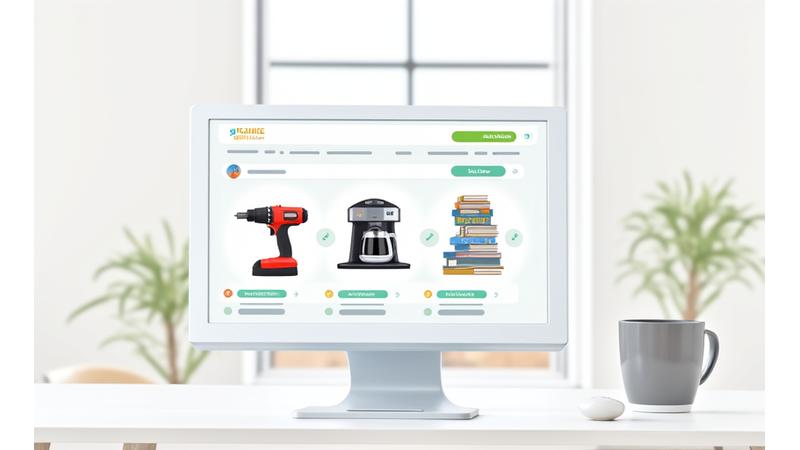 工具、家電、書籍などが整然と並べられたシェアリングプラットフォームのウェブインターフェース。ユーザーがアイテムを検索したり、貸し出し申請を行っている。