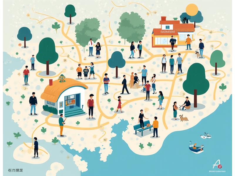 東京の地図上に、活気ある地元のカフェやコミュニティセンター、公園などがアイコンで示されたインタラクティブなコミュニティマップ。人々が楽しそうに交流している様子。